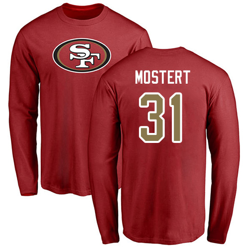 Men San Francisco 49ers Red Raheem Mostert Name and Number Logo #31 Long Sleeve NFL T Shirt->nfl t-shirts->Sports Accessory